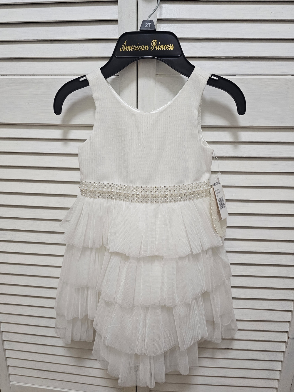 American Princess White Tiered Tulle Dress with Beaded Waist
